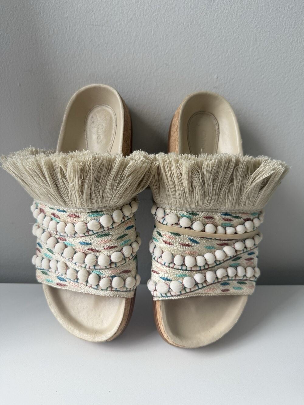 Chloé Nolan Tapestry Fringe Slides Sandals Size 36 Beige Boho Raffia Beaded Trim